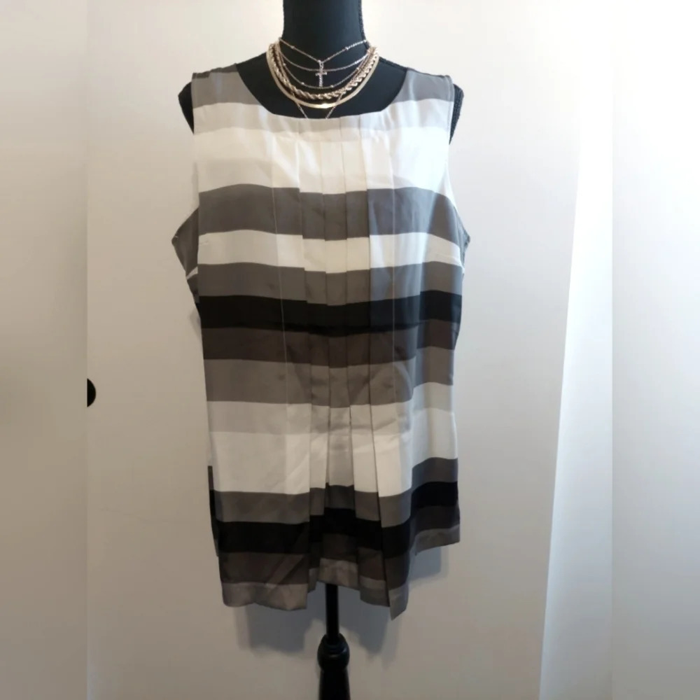 New Satin Striped Pleated Sleeveless Tunic Top Blouse Large